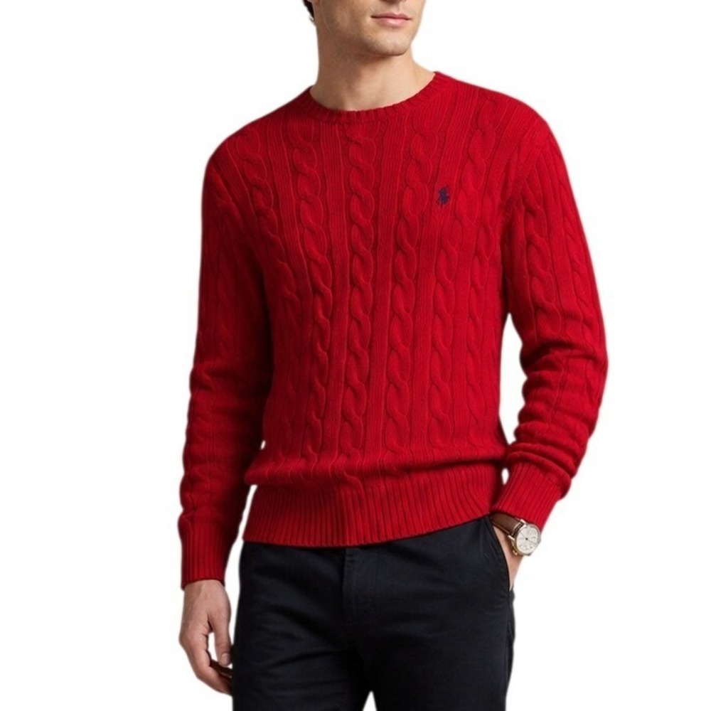 Polo Ralph Lauren Preppy Red Cable Knit Crew Neck Sweater Mens Large Pony Logo‎